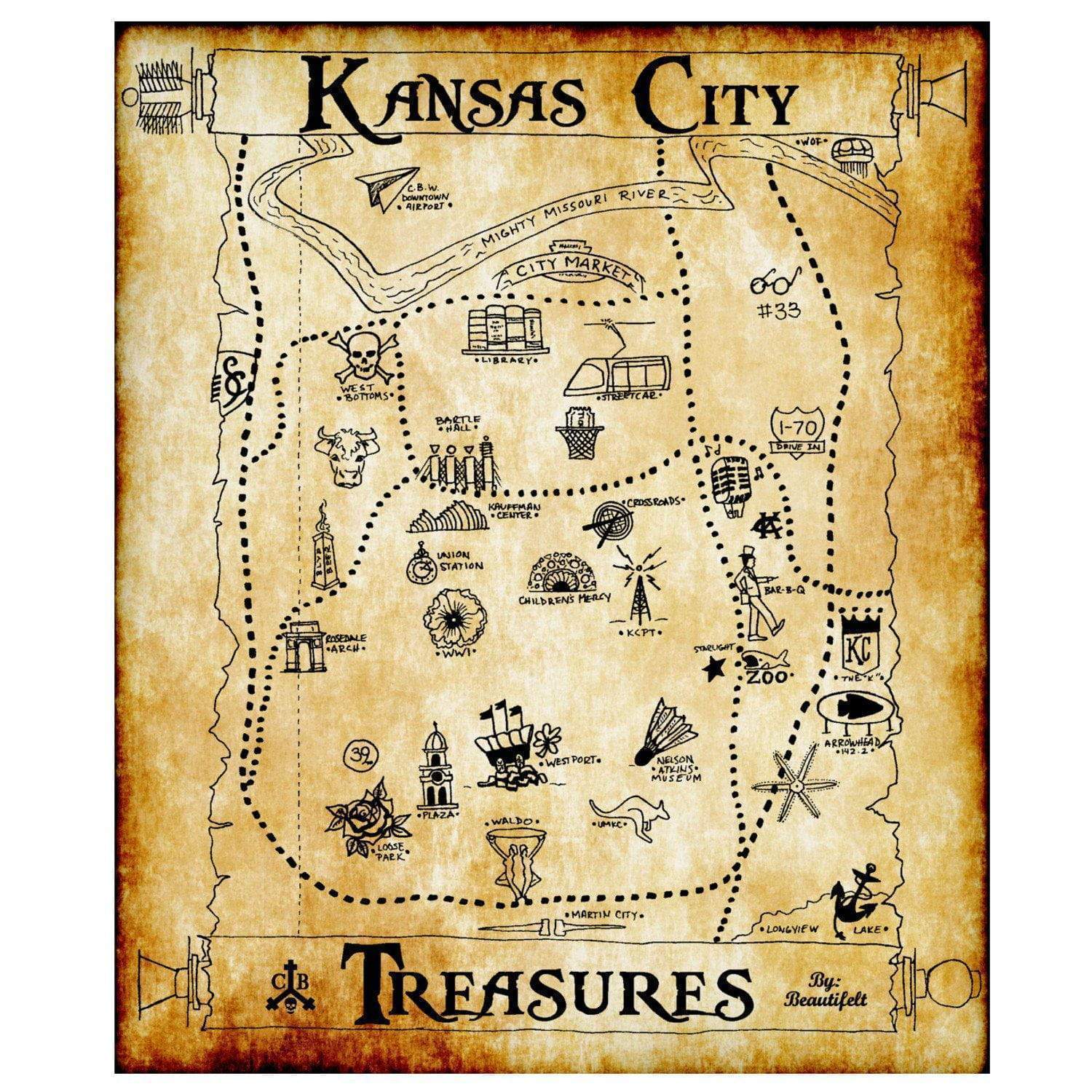 Kansas City Treasures Print Worn Map – Commandeer Brand
